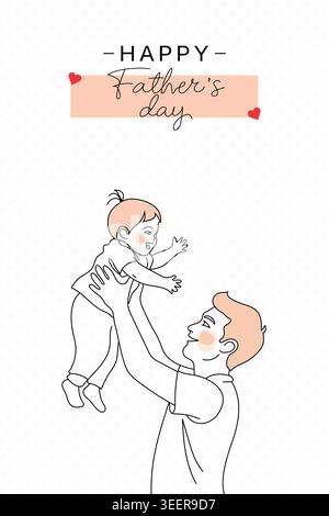 Biglietto d'auguri per il giorno del papà felice con illustrazioni minimaliste del papà che tiene e solleva il bambino Illustrazione Vettoriale