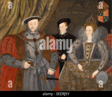 Enrico VIII, Elisabetta i, ed Edoardo vi, 1597, Scuola di inglese, Inghilterra. Un dipinto ad olio di epoca elisabettiana su tavola raffigurante i monarchi Tudor Enrico VIII, sua figlia Elisabetta i e suo figlio Edoardo vi. La composizione riflette l'immaginario dinastico del tardo XVI secolo, enfatizzando il lignaggio, la legittimità e la continuità dell'autorità reale all'interno della dinastia Tudor. Foto Stock
