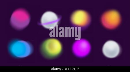 Set di forme e cerchi sfumati colorati. Set di elementi Blob. Sfumare la sfocatura rotonda, rosa, verde, viola purpureo. Illustrazione Vettoriale