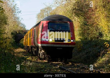 Network Rail/Colas Rail Inter-City 125 HST si spostò dai treni passeggeri ai treni di prova sull'ora smessa Burton a Coalville, Leicester a Burton Foto Stock