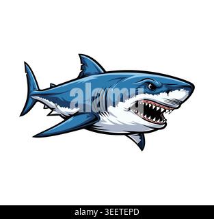 Squalo cartoni animati e occhio rosso arrabbiato. Logo della mascotte animale. Illustrazione vettoriale su sfondo bianco. Illustrazione Vettoriale