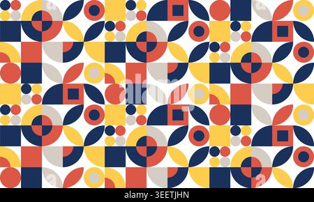 Motivo geometrico astratto senza cuciture con cerchi colorati, quadrati e forme in stile Bauhaus Illustrazione Vettoriale
