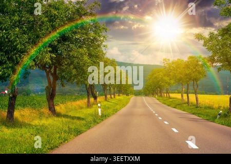 tramonto su alberi decidui lungo la strada di campagna verso le montagne. splendido paesaggio estivo di una campagna slovacca. bellissimo sfondo di viaggio. Foto Stock