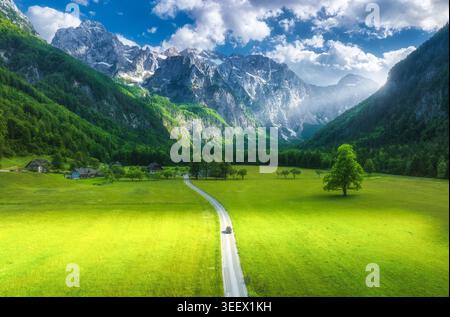 Vista aerea della strada tra montagne alpine, prati verdi, alberi Foto Stock