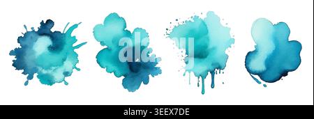 Blob di vernice a spruzzo turchese con inchiostro blu acquerello. Inchiostro blu macchia sfondo astratto vettoriale. Illustrazione Vettoriale