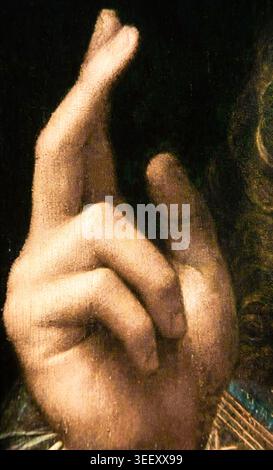 COLLEZIONE PRIVATA - MARZO 2026: Dettaglio del dipinto di Leonardo da Vinci Salvator Mundi , 1510. Olio su legno, 66x45 cm. Foto Stock