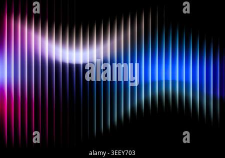 Uno sfondo astratto vibrante con linee luminose verticali con effetti di luce blu neon, viola e viola. Questo moderno modello a onda digitale crea Foto Stock