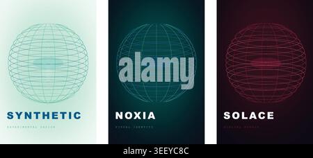 Tre moderni poster astratti con sfere a reticolo luminose e un'elegante tipografia per creare concept di branding Illustrazione Vettoriale