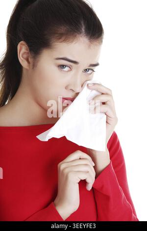 Il pianto della donna, isolati su sfondo bianco Foto Stock