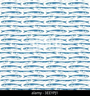 Sardine con motivo vettoriale senza cuciture in blu. Ornamento con pesci disegnati a mano. Illustrazione Vettoriale