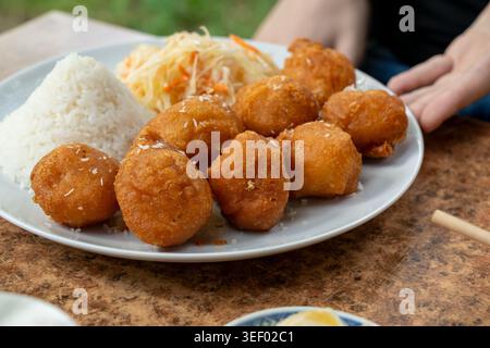 Palle di pollo fritte con riso e insalata di cavolo fresca. Polpette fritte in un ristorante sulla strada su sfondo sfocato Foto Stock
