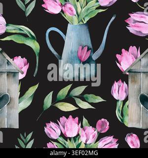 Motivo floreale in tulipani senza cuciture con fiori di tulipani multicolori grandi fiori rosa e verde Foto Stock
