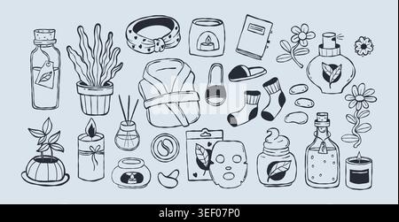 Set di spaghetti accessori per il centro benessere e l'igiene personale. Accappatoio, ciabattine, maschera viso, bottiglie cosmetiche, candele, aromaterapia, profumi, oli ecologici e piante in vaso. Illustrazione Vettoriale