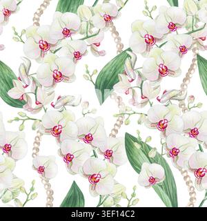 Motivo senza cuciture ad acquerello con orchidee bianche di phalaenopsis, ghirlande di perle e foglie verdi lussureggianti. Design botanico disegnato a mano isolato su bianco, per Foto Stock