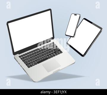 Mockup di laptop, tablet e smartphone in caduta isolato su sfondo blu. Illustrazione vettoriale. Illustrazione Vettoriale