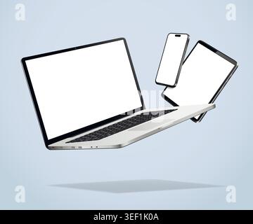 Mockup di laptop, tablet e smartphone in caduta isolato su sfondo blu. Illustrazione vettoriale. Illustrazione Vettoriale