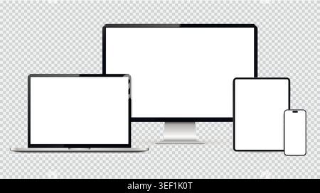 Realistico modello di computer, laptop, tablet, smartphone con schermo bianco. Imposta i dispositivi tecnologici isolati su sfondo trasparente. Illustrazione vettoriale. Illustrazione Vettoriale
