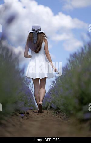 Giovane donna che si allontana dallo spettatore con un abito bianco e un cappello, esplorando un profumato campo di lavanda sotto un cielo blu brillante, simboleggiando la libertà e la libertà Foto Stock