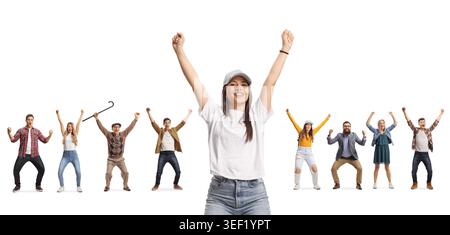 Gruppo di persone diverse, giovani e anziani che applaudono insieme isolato su sfondo bianco Foto Stock