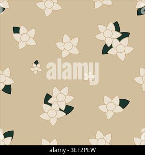 Motivo vettoriale senza cuciture caratterizzato da semplici fiori e foglie disegnati a mano. Morbida estetica vintage, ideale per tessuti e articoli di cancelleria. Illustrazione Vettoriale