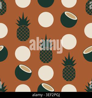 Motivo vettoriale senza cuciture con ananas tropicali, noci di cocco e cerchi astratti. Design divertente e solare, perfetto per tessuti estivi, carta da imballaggio, Illustrazione Vettoriale