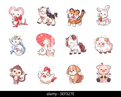 Animali dell'oroscopo cinese Kawaii. Simpatici personaggi zodiacali, simpatici segni di Capodanno, topo sagomato, maiale, pecore, scimmia, mascotte fantasia in pastello Illustrazione Vettoriale