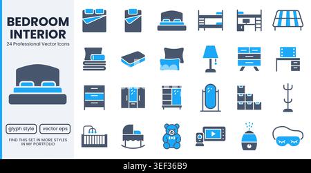 Camera da letto, set di icone glifi per mobili da letto. Letto a castello, culla, guardaroba, comò, specchio, cuscino, materasso piatto, illustrazioni vettoriali minime. Semplice e piatto Illustrazione Vettoriale