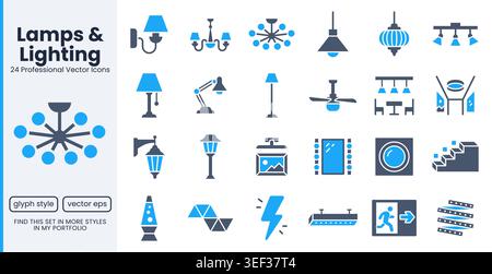 Luci, icone glifi luce abitacolo impostate. Lampadario, ventilatore a soffitto, specchio di cortesia, striscia a LED, uscita di emergenza piatta immagini vettoriali minime. Semplice Illustrazione Vettoriale