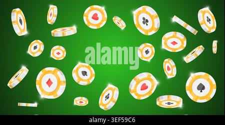 Set di monete Golden Casino. Chip di poker realistici 3D che volano su sfondo verde. Elementi da gioco in oro rosso roulette dadi e design blackjack. Icone scintillanti girevoli interfaccia grafica di lusso. Illustrazione Vettoriale