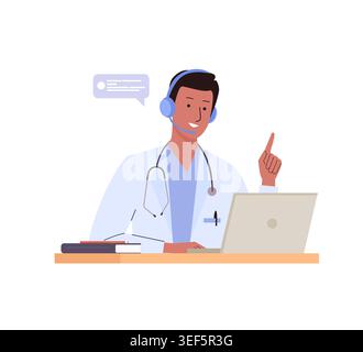 Consultazione medica online. Un medico di sesso maschile consulta il paziente online dal portatile. Assistenza sanitaria remota e servizio medico, telemedicina Illustrazione Vettoriale
