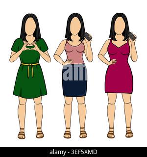Tre diverse donne in abiti eleganti, una che fa un gesto cardiaco, due smartphone in mano, illustrazione vettoriale Illustrazione Vettoriale