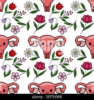 Grazioso utero e motivo floreale illustrazione vettoriale, utero kawaii con fiori, design senza cuciture per tessuti e tessuti Illustrazione Vettoriale