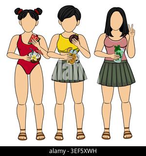 Tre diverse giovani donne in abiti estivi che tengono bevande rinfrescanti e spuntini, illustrazioni vettoriali Illustrazione Vettoriale