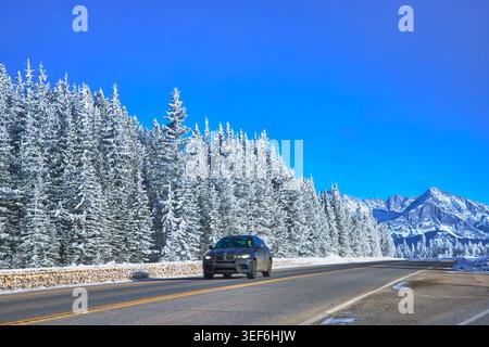 Viaggio in auto invernale con pini innevati e paesaggi montani sotto il cielo azzurro Foto Stock