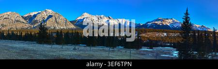 Panorama innevato sulle Montagne Rocciose, foresta Evergreen e Winter Field alla luce del sole Foto Stock