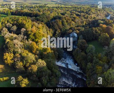 Vista aerea delle cascate Aysgarth e Aysgarth Mill accanto al fiume Ure in mezzo al bosco di Wensleydale Foto Stock