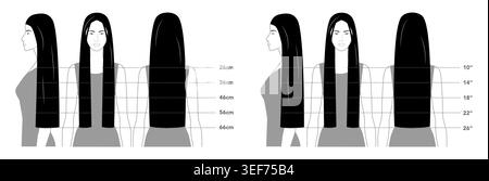 Guida della lunghezza dei capelli in bianco e nero che combina scale di centimetri e pollici con viste multiple, design infografico strutturato per l'istruzione, formazione professionale e misurazione accurata dell'acconciatura Illustrazione Vettoriale