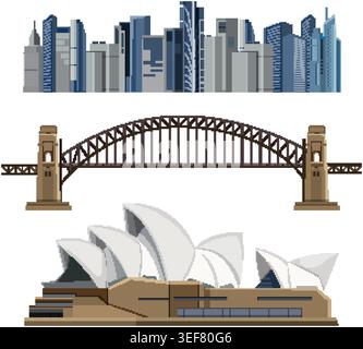 Dettagliate illustrazioni vettoriali piatte dei monumenti della città australiana isolate su uno sfondo bianco Illustrazione Vettoriale