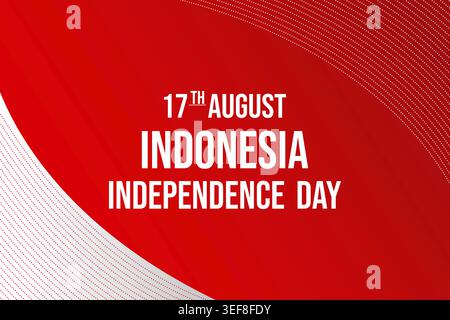 Banner del giorno dell'indipendenza dell'Indonesia, 17 agosto, con testo bianco su sfondo rosso e design astratto delle onde Foto Stock