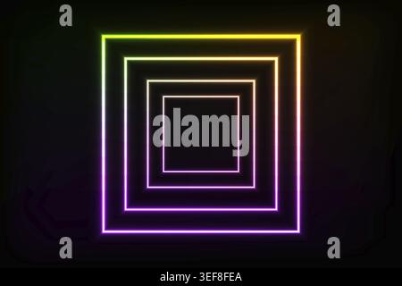 Quadrati concentrici al neon brillanti con effetto luce gradiente arcobaleno su sfondo nero, tecnologia astratta, riprese in studio Foto Stock