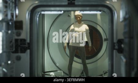 Astronauta donna su un'astronave futuristica che galleggia nello spazio. interno della stazione spaziale Foto Stock