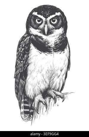 Illustrazione rétro dettagliata di un gufo con occhiali. Ideale per manifesti di conservazione della fauna selvatica, abbigliamento a tema naturale ed elementi grafici vintage. Illustrazione Vettoriale