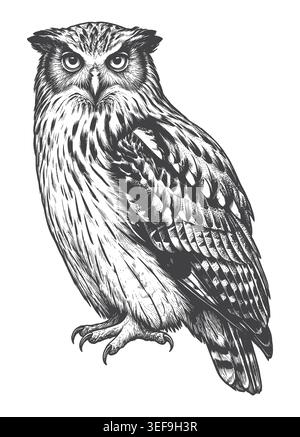 Maestosa illustrazione del gufo d'aquila disegnata in un antico stile di schizzo monocromatico. Eccellente per mascotte sportive, abbigliamento naturalistico e grafici dettagliati sulla fauna selvatica Illustrazione Vettoriale