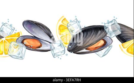Elegante bordo orizzontale senza cuciture disegnato a mano con cozze, fette di limone fresche e cubetti di ghiaccio in bolle d'acqua. Cornice di pesce Foto Stock