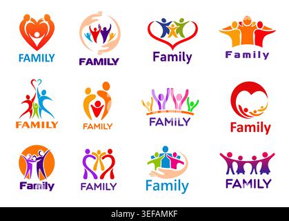 Icone della famiglia e della comunità, simboli di amicizia e vettori di unità. Genitori, bambini, madre e bambino, persone che si tengono per mano silhouette isolate con cuori e sole per beneficenza, amore, cura o supporto Illustrazione Vettoriale