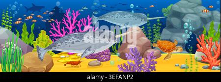 Animali narwhali, alghe marine e barriere coralline. Ambiente sottomarino oceanico sfondo vettoriale con due narwhali e tartarughe marine, banchi di pesci, alghe marine e coralli, pietre Illustrazione Vettoriale