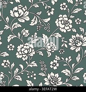 Design floreale decorativo ispirato al chintz, fiori giacobini stilizzati e foglie. Motivo vettoriale senza cuciture, l'estetica disegnata a mano evoca la classica prin tessile Illustrazione Vettoriale