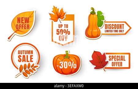 Etichette e adesivi per sconti autunnali. Zucca vettoriale, stemmi in acero e foglie di albero, offerta nuova e speciale, etichette di offerte valide solo per un periodo di tempo limitato. Promozione autunnale per il raccolto stagionale, sconto percentuale sul dettaglio Illustrazione Vettoriale