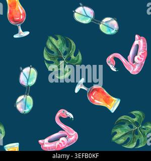 Acquerello senza cuciture con piante tropicali, galleggiante della piscina con fenicotteri, cocktail e bicchieri. Elementi delle vacanze disegnati a mano su sfondo scuro per Foto Stock