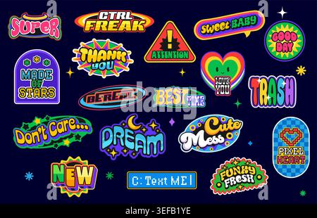 Adesivi retro Y2K ed etichette patch con cuore arcobaleno sorriso e virgolette pixel, vettore cartoni animati. Adesivi retrò Y2K e patch label con il sogno della luna notturna, lettere di testo arcobaleno e badge di ringraziamento Illustrazione Vettoriale